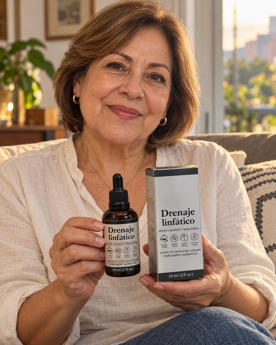 Mujer adulta sostiene Drenaje Linfático de 59 ml